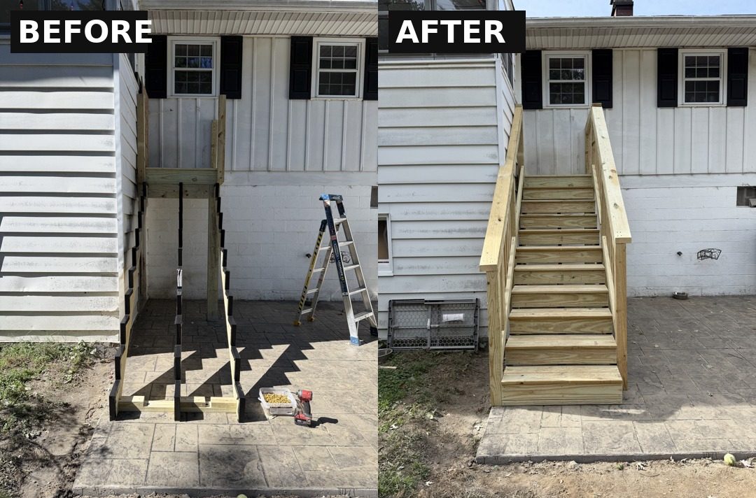 Old deck stairs before, and new deck stairs after