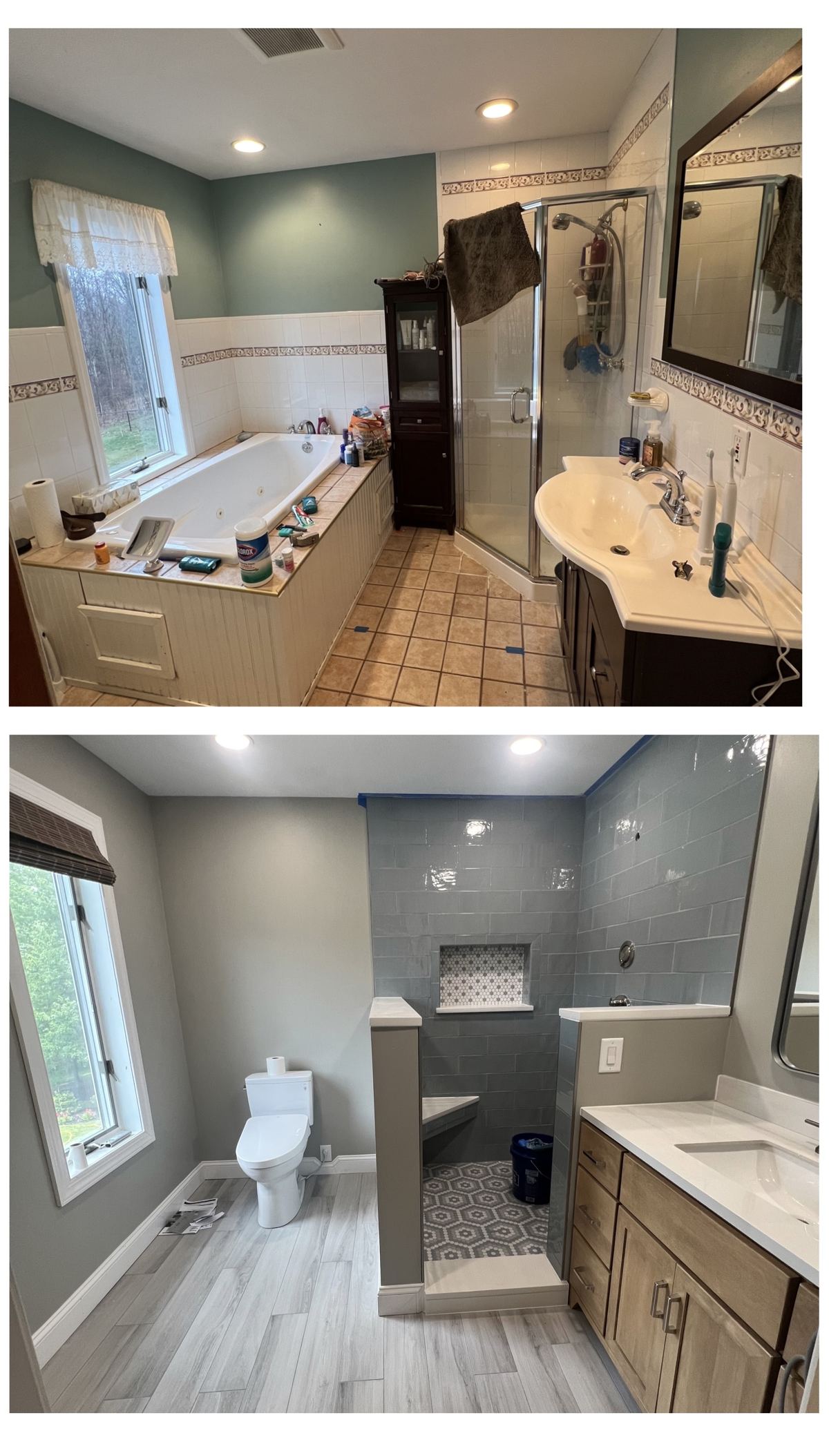 Bathroom before (top) and after (bottom) the job